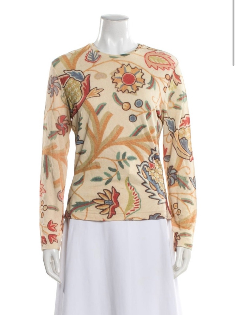 Todd Oldham Cream Floral Long Sleeve Tee with Multicolor Botanical Print